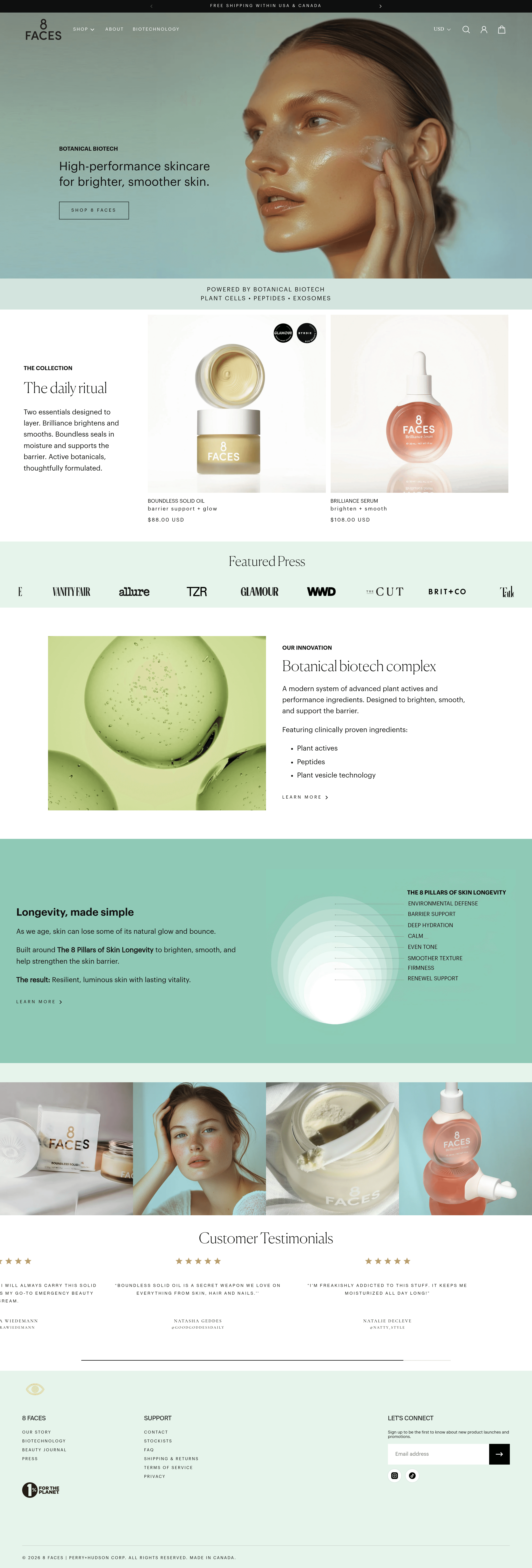 8 Faces ecommerce landing page screenshot
