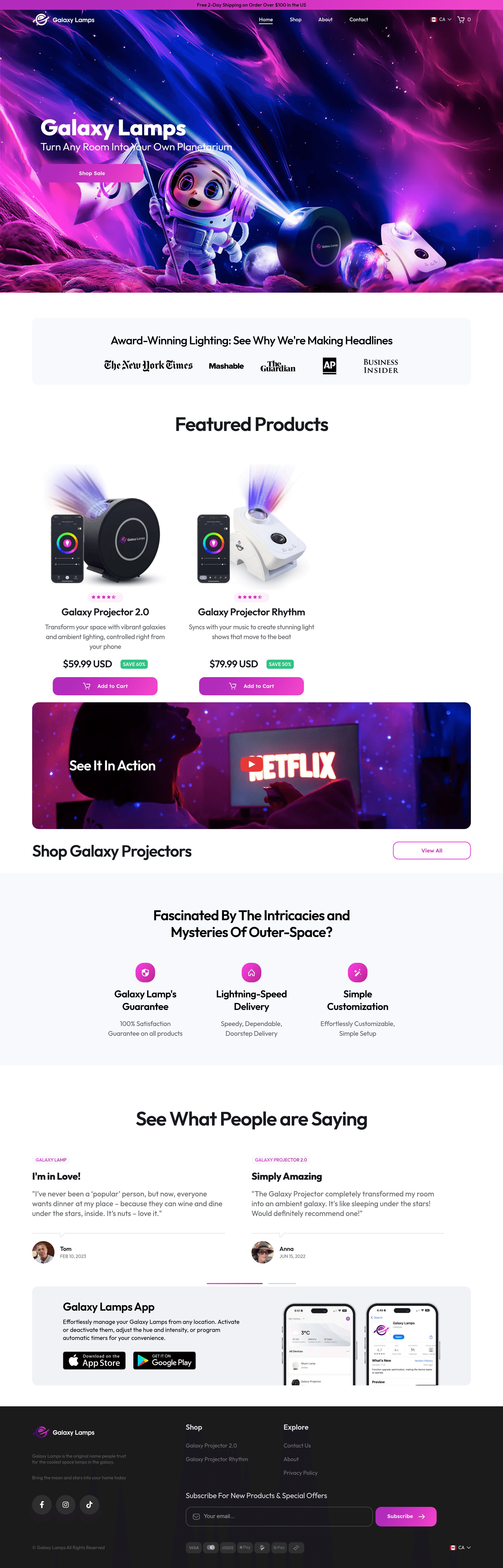 Galaxy Lamps ecommerce landing page screenshot