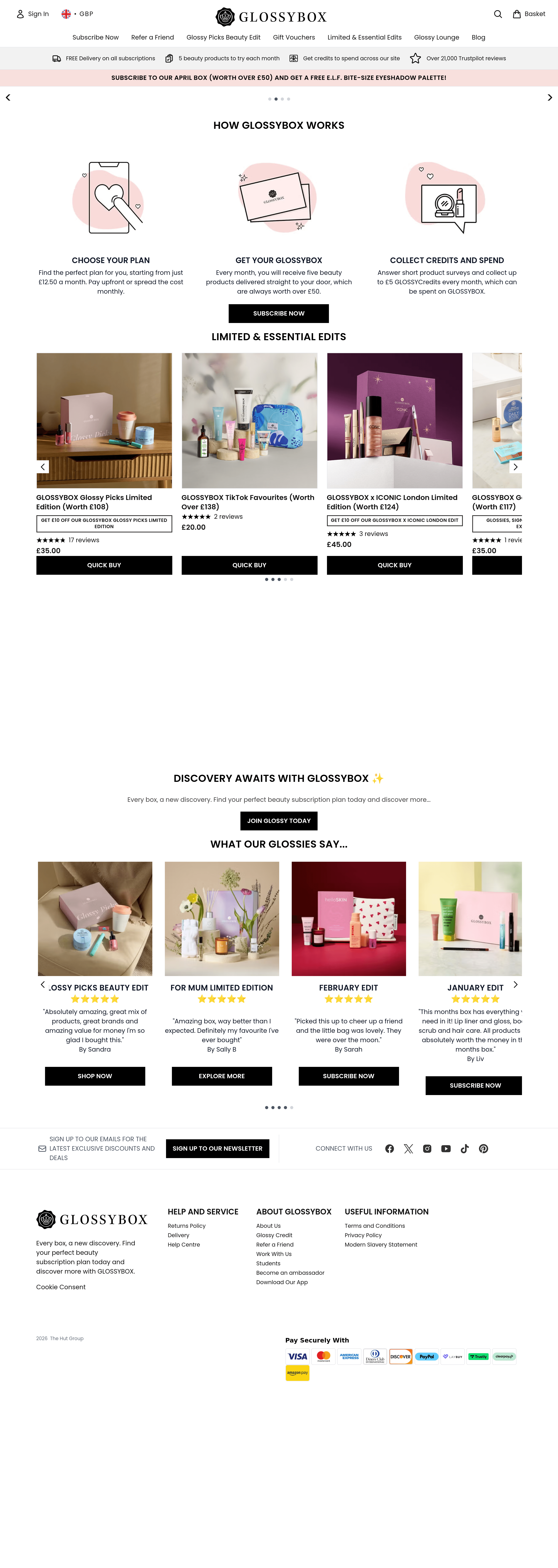 Glossy Box ecommerce landing page screenshot