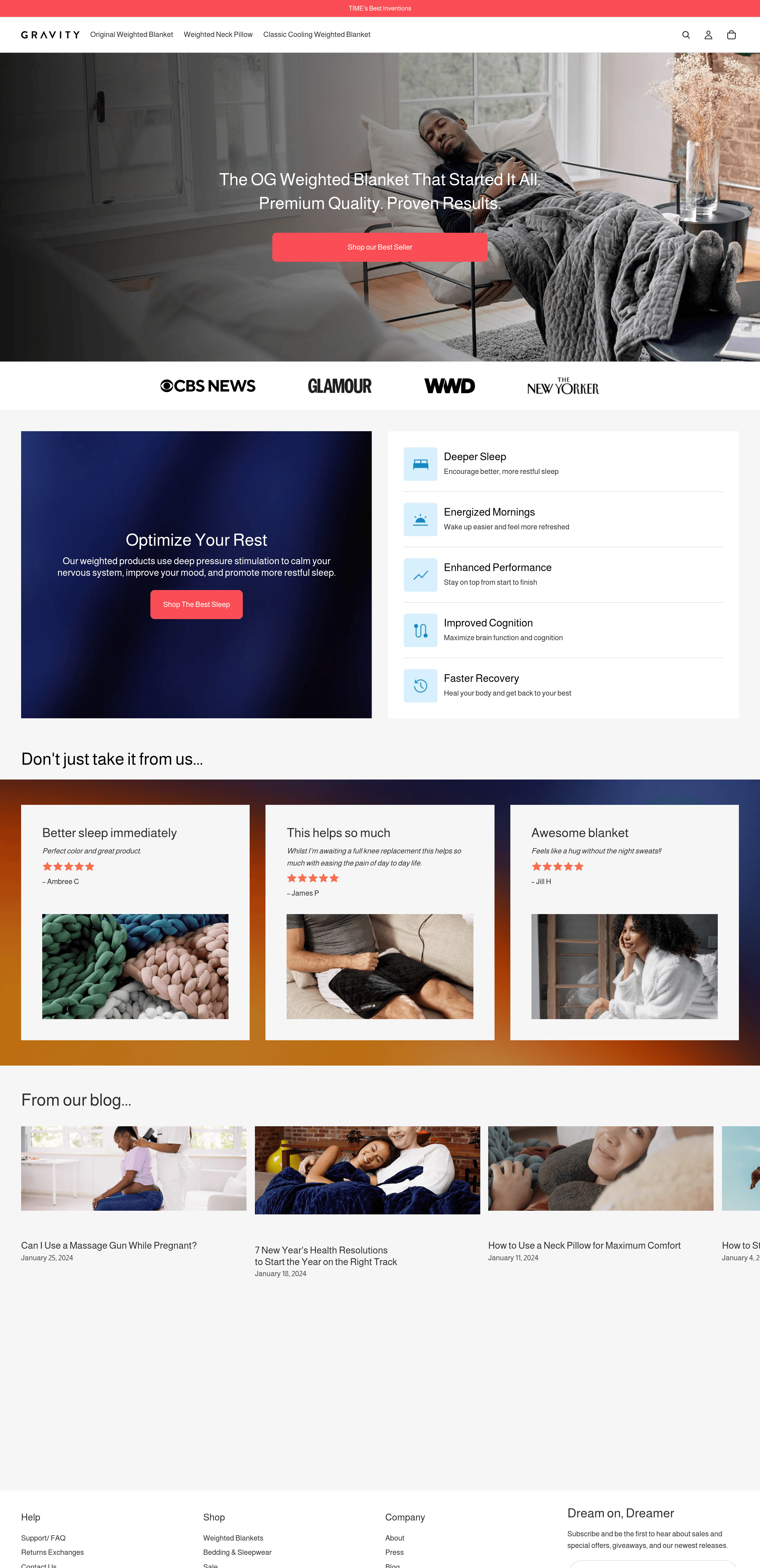 Gravity Blankets ecommerce landing page screenshot