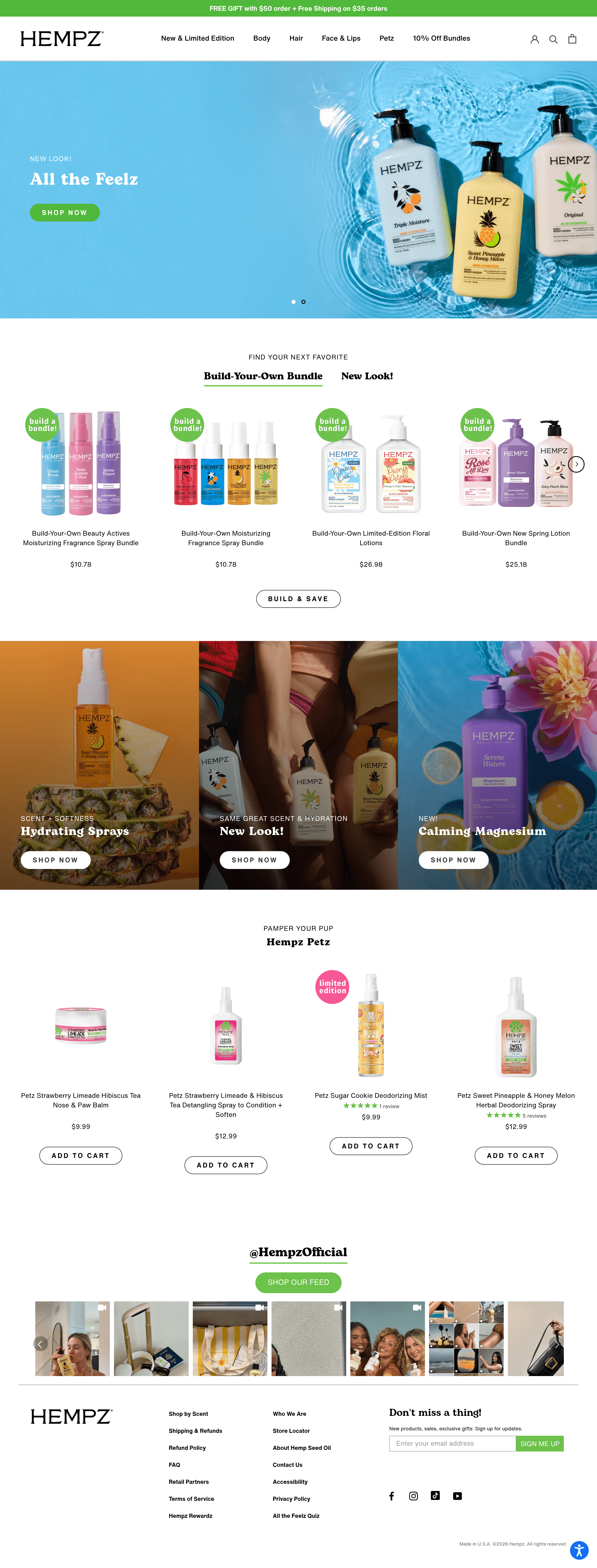 Hempz ecommerce landing page screenshot