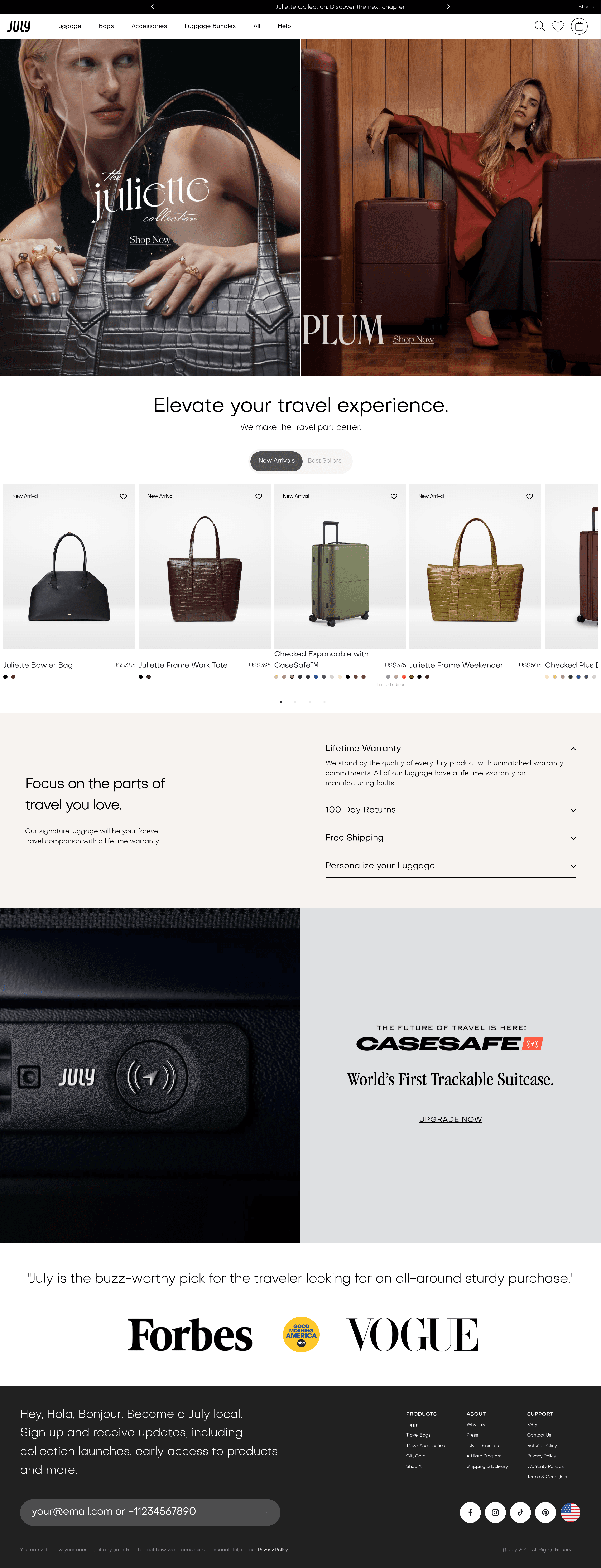 July Luggage ecommerce landing page screenshot