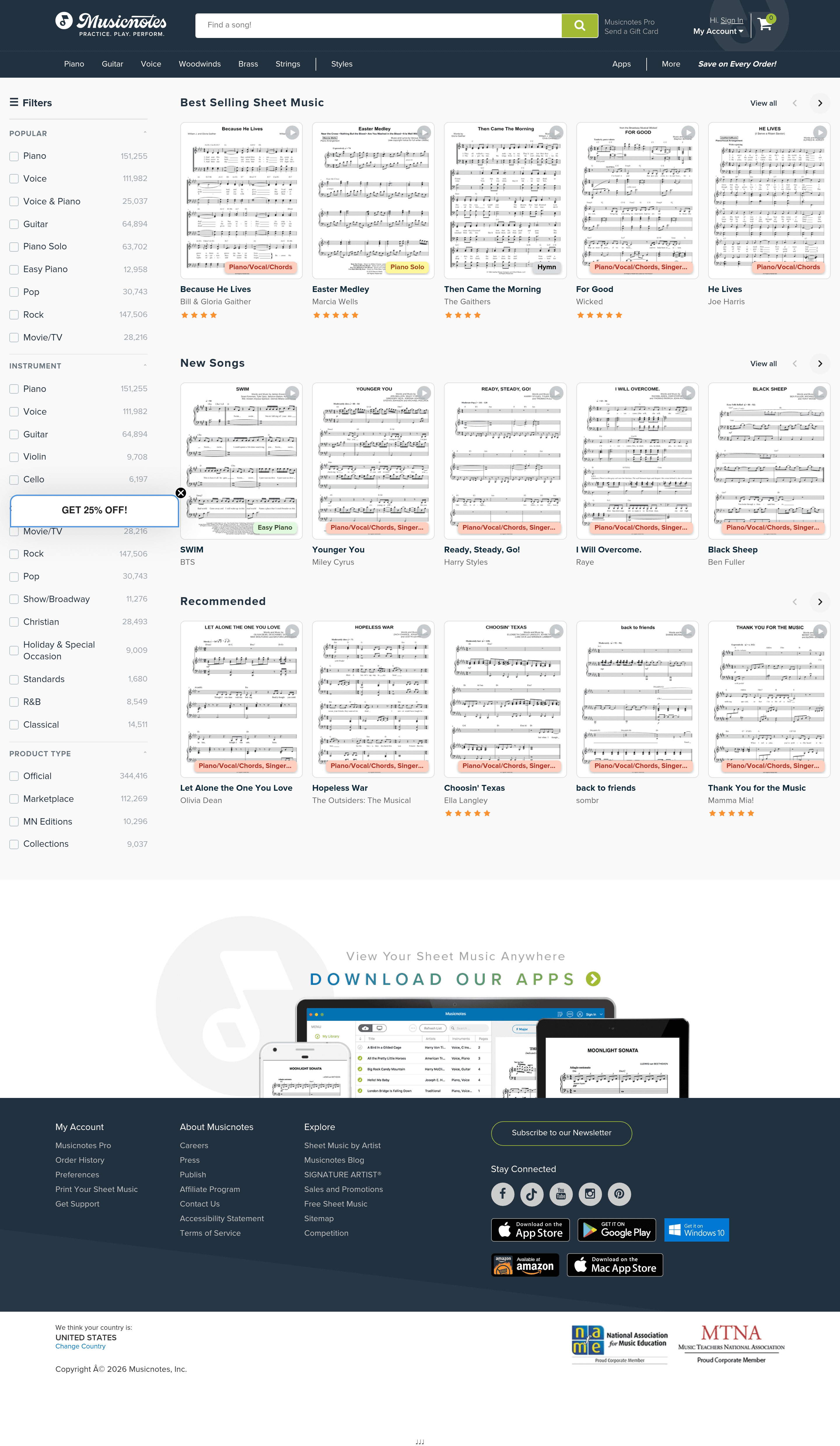 Musicnotes ecommerce landing page screenshot