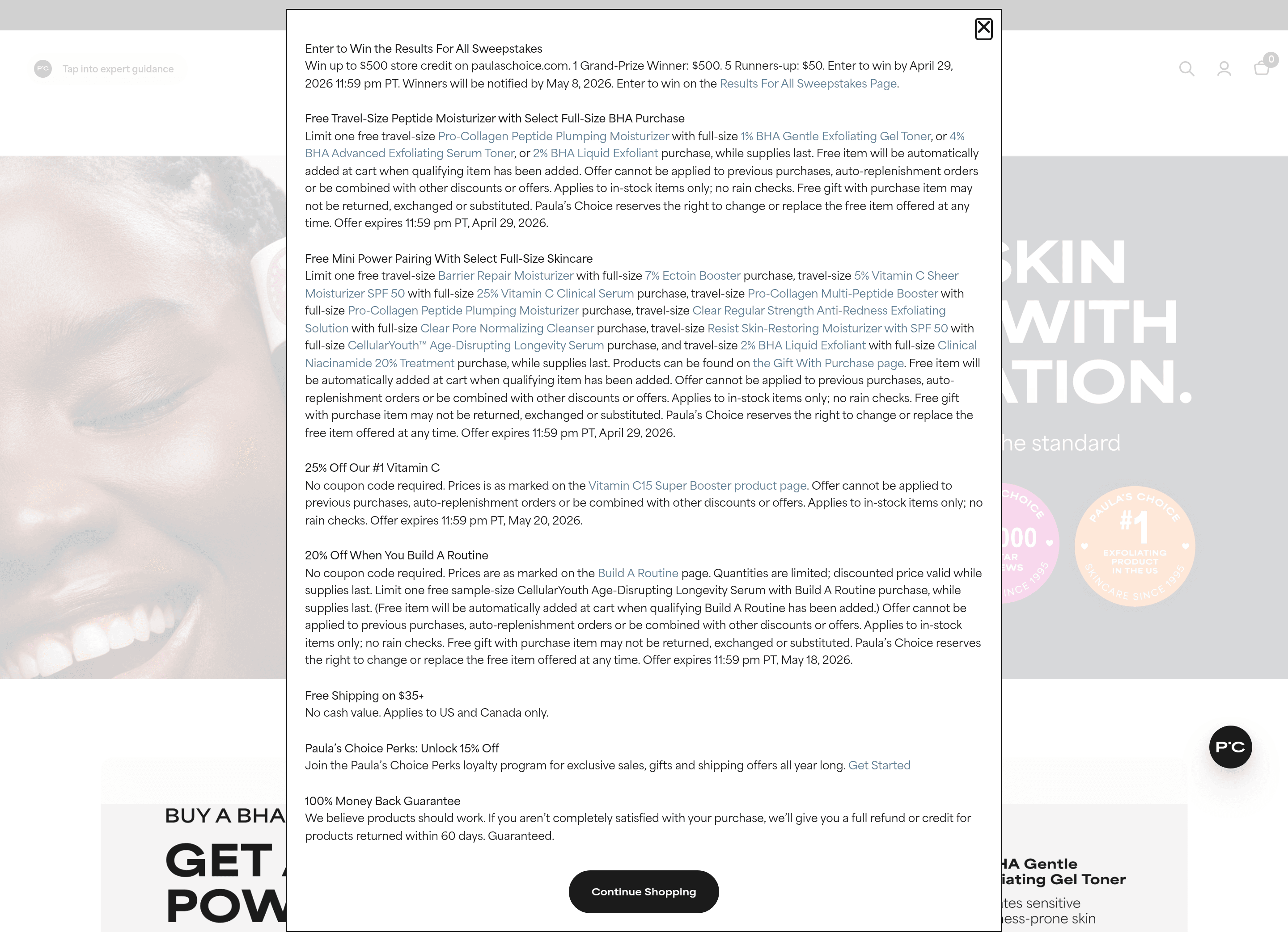 Paula's Choice ecommerce landing page screenshot