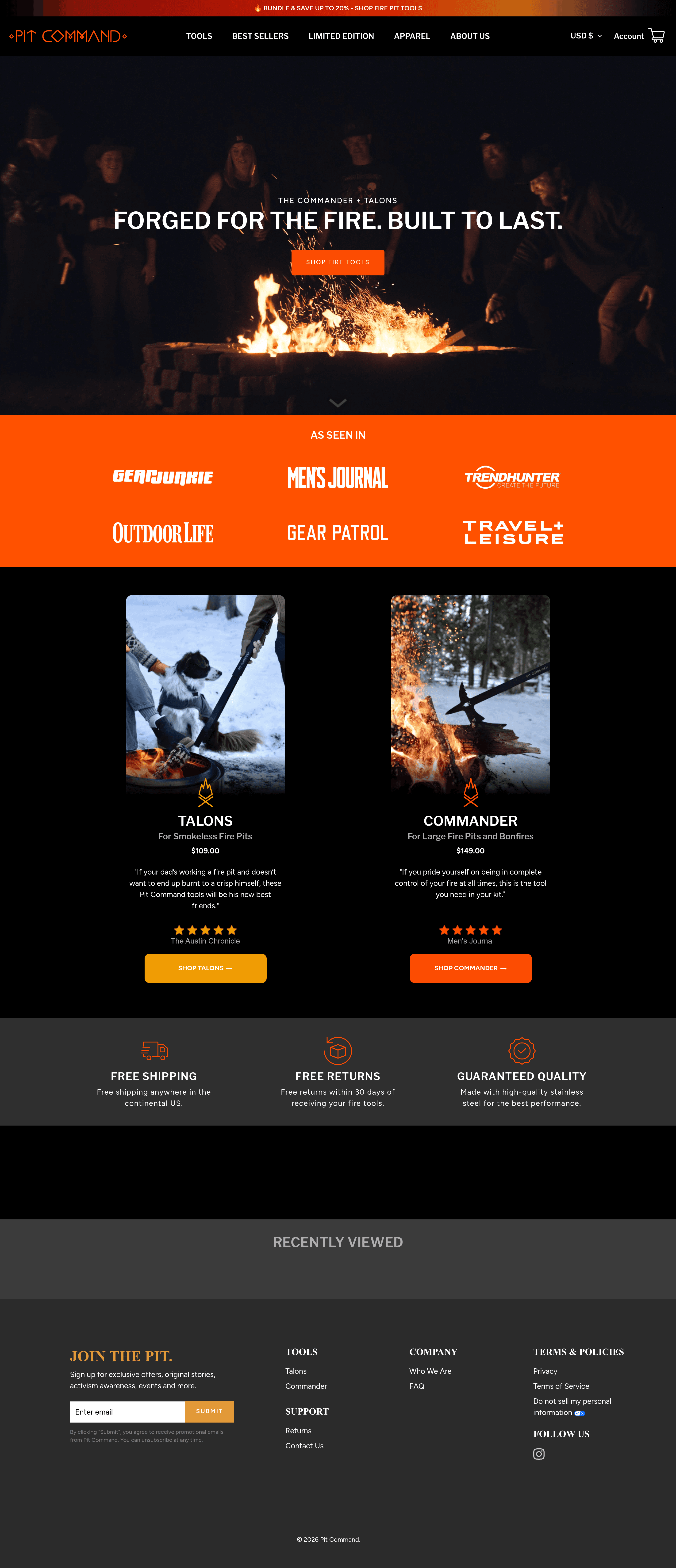 Pitcommand ecommerce landing page screenshot