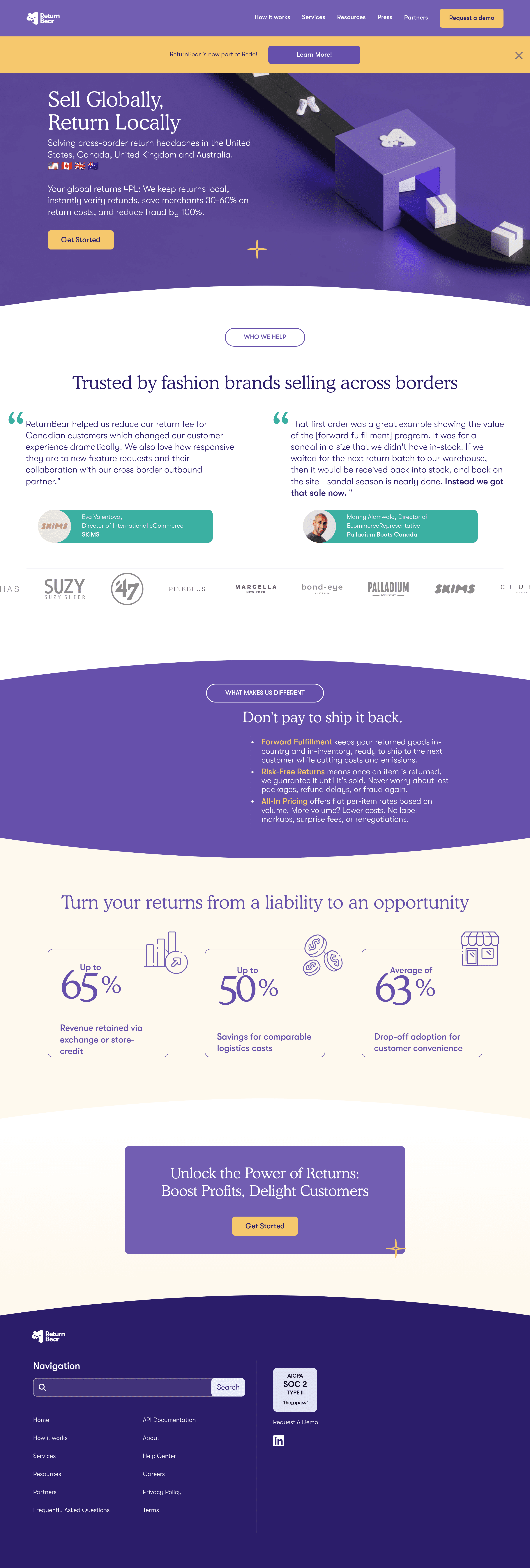 ReturnBear ecommerce landing page screenshot