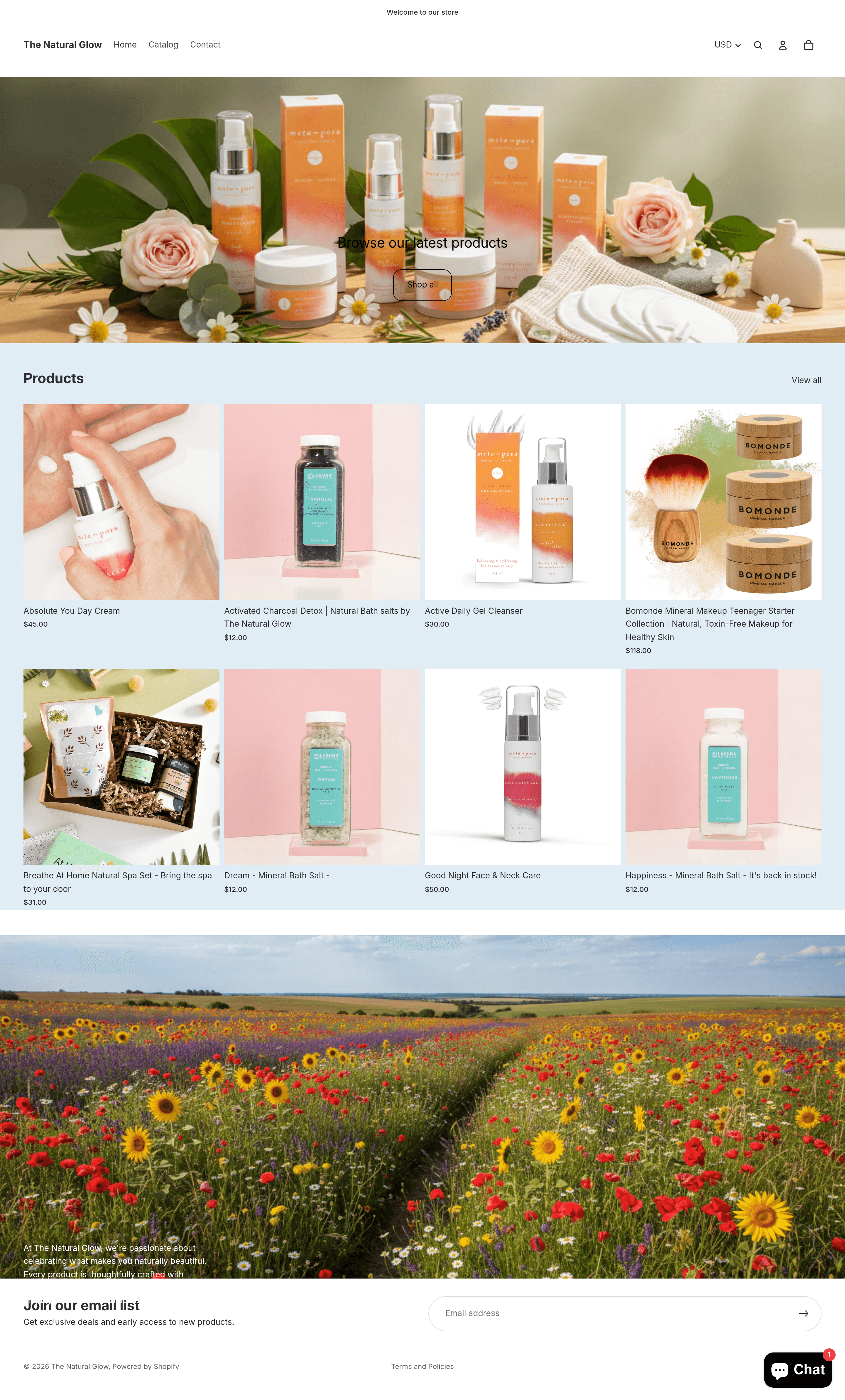 The Natural Glow ecommerce landing page screenshot
