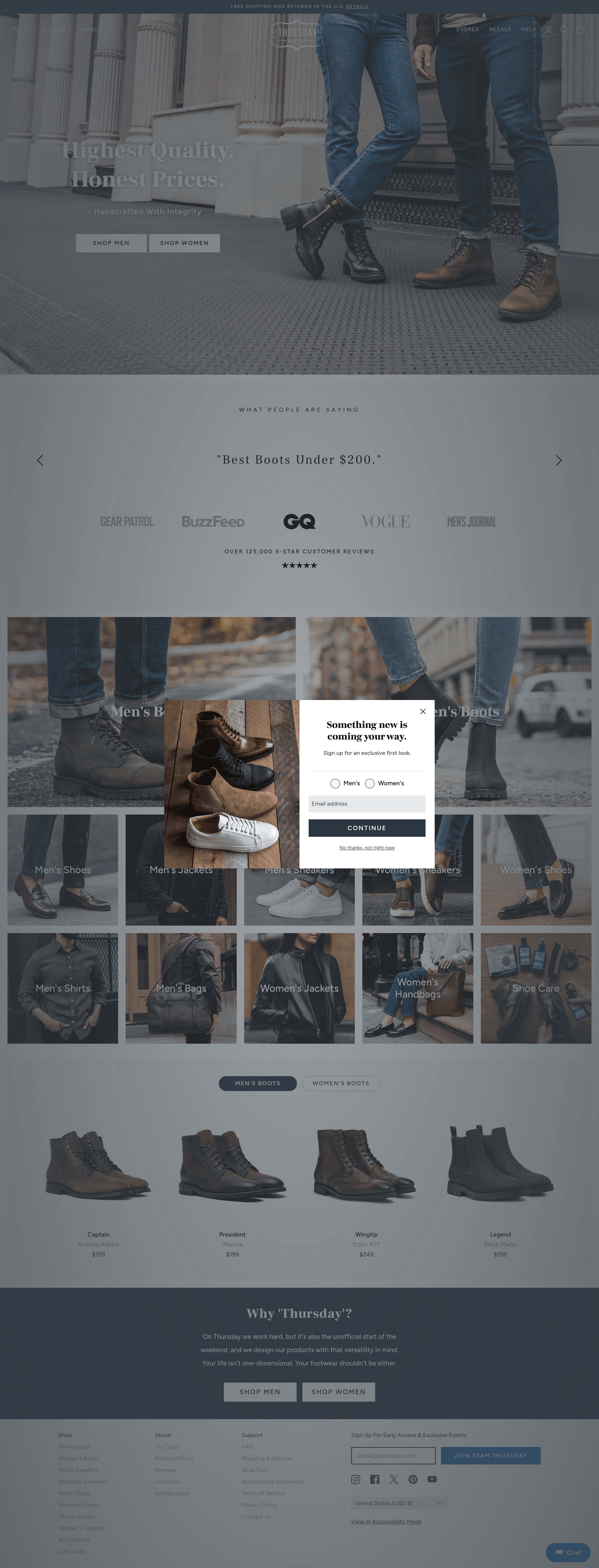 Thursday Boots ecommerce landing page screenshot