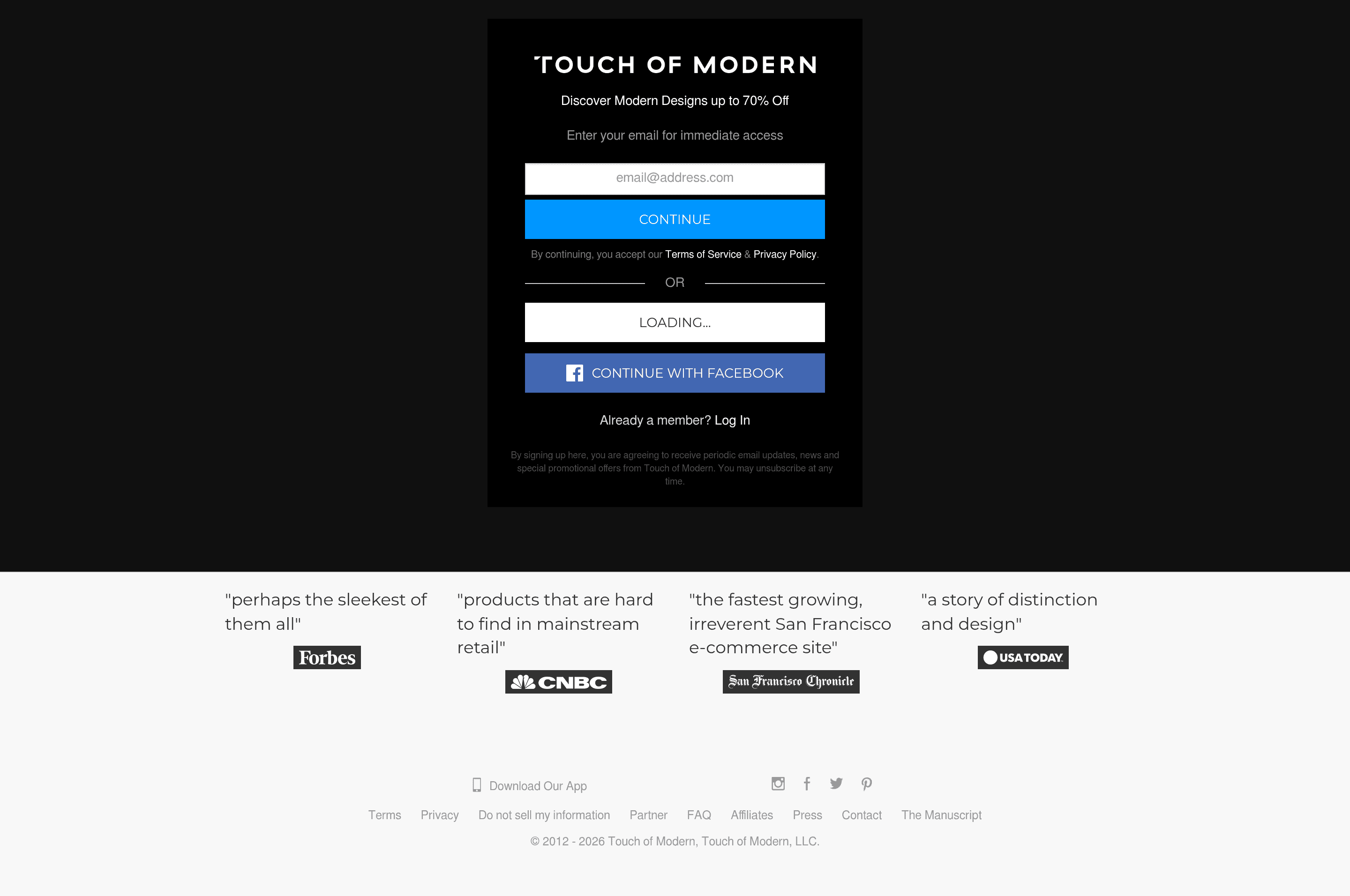 Touchofmodern ecommerce landing page screenshot